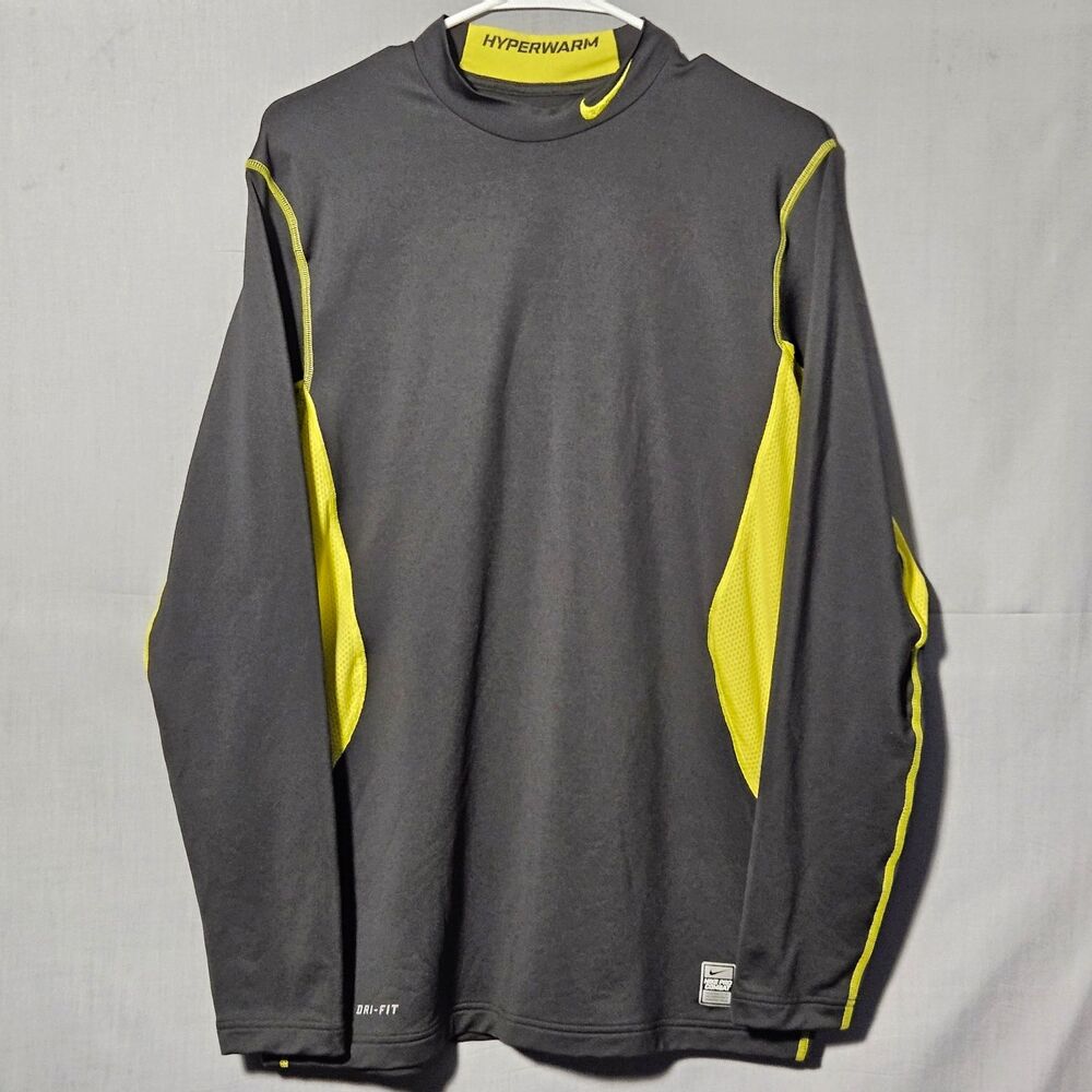 Nike Pro Combat Shirt Hyperwarm Dri-Fit Compression Mens L Grey Yellow BJJ MMA